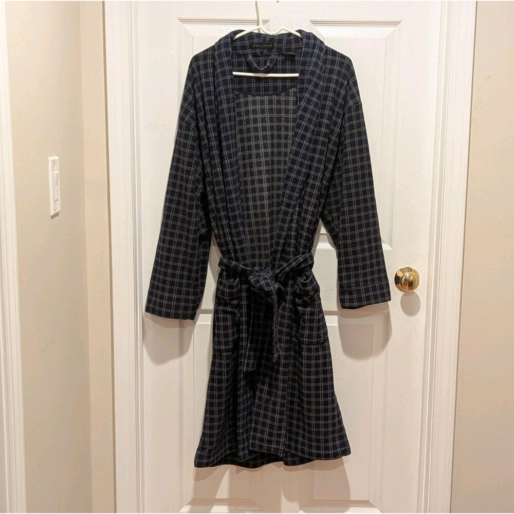 Perry Ellis Portfolio Men's S/M Blue & Green Plaid Bath Robe with Belt Old Money